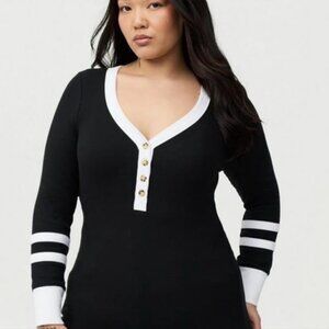 Torrid size 2 2X Black and White Ribbed Henley Varsity Long Sleeve Top Shirt